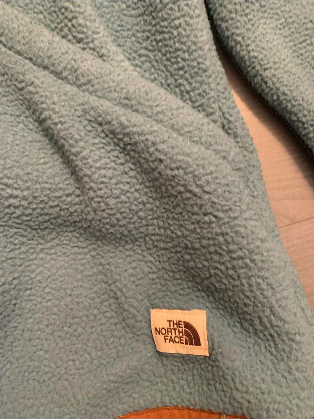 The North Face Teal Blue Hooded Fleece with Brown Trim